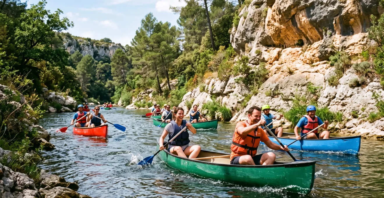 Une équipe d'entreprise descend une rivière de Provence en canoë lors d'un séminaire.