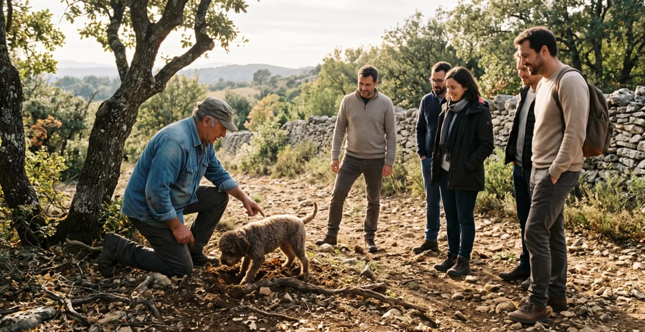 Un guide et son chien font découvrir la recherche de truffes à des collègues en campagne provençale.