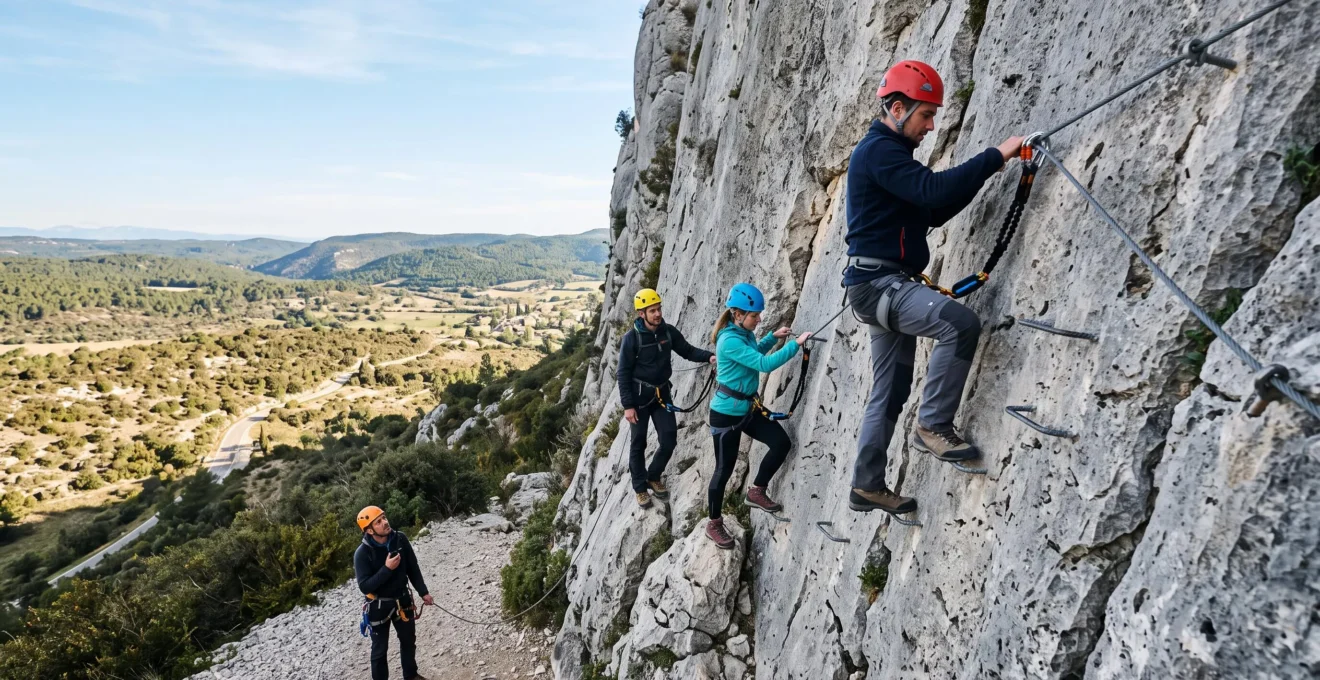 Des collègues équipés progressent en via ferrata sur une falaise sous la supervision d'un instructeur.